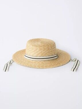 Zara Kids NWT Woven Straw Skimmer Sun Hat 6-9Y Cottagecore Ribbon